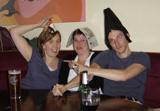 Becki, Debby and Ben with party-hats